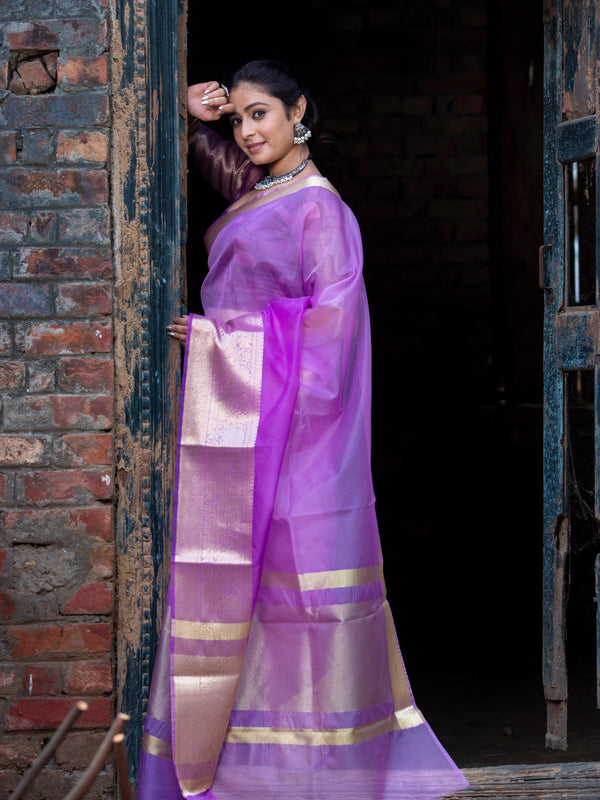 Lavender Pale Banarasi Woven Soft Organza Skirt Border Saree