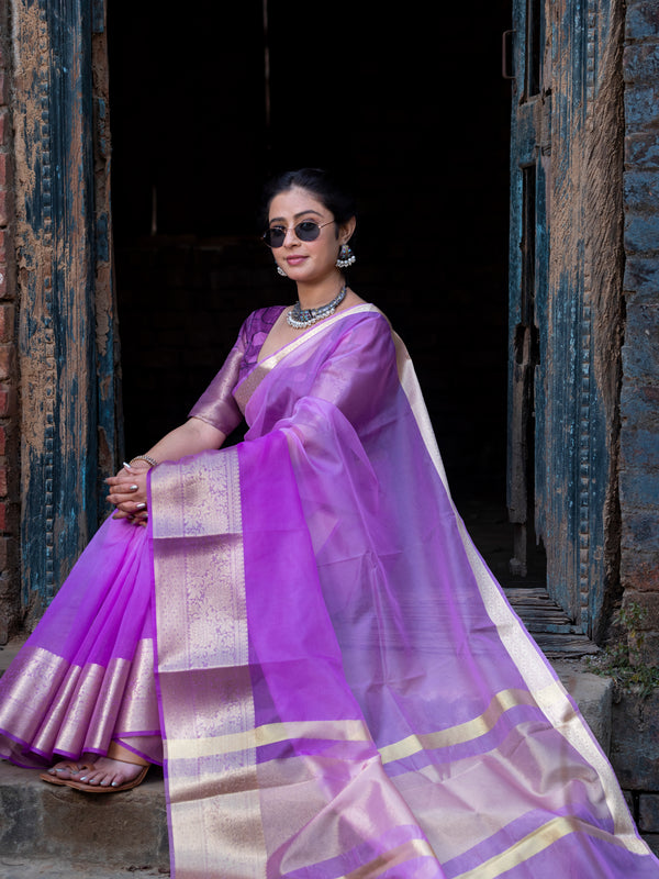 Lavender Pale Banarasi Woven Soft Organza Skirt Border Saree