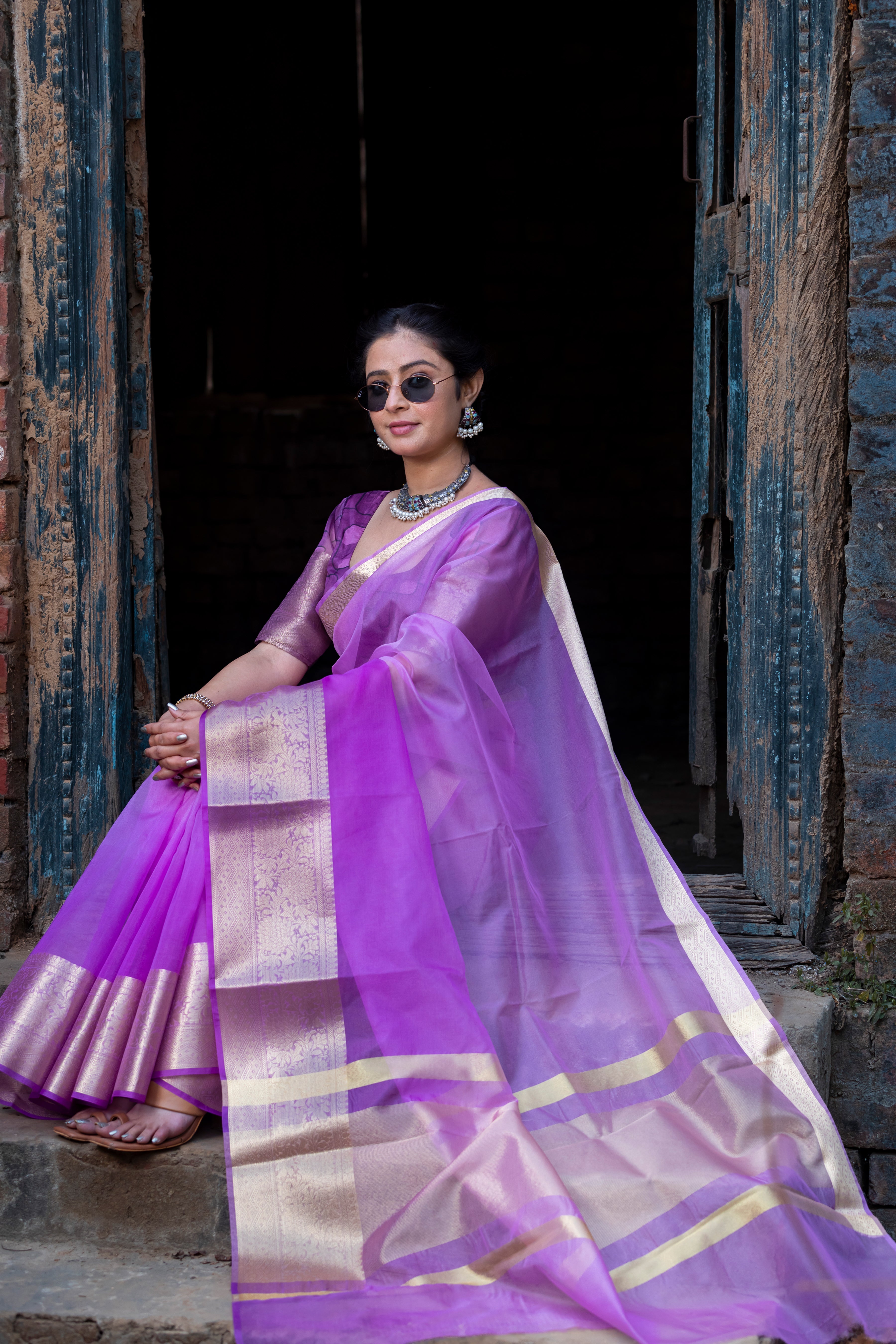 Lavender Pale Banarasi Woven Soft Organza Skirt Border Saree