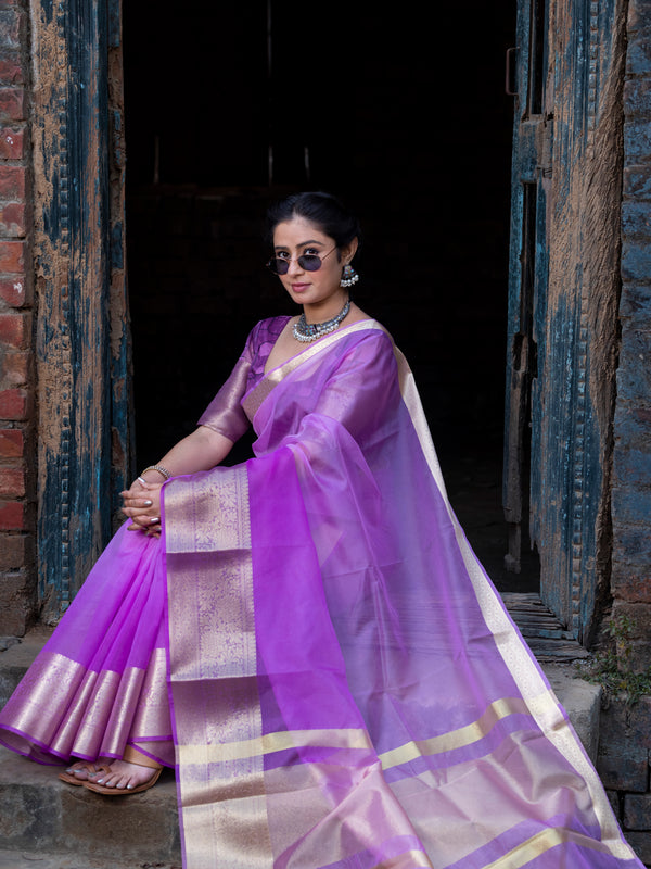 Lavender Pale Banarasi Woven Soft Organza Skirt Border Saree
