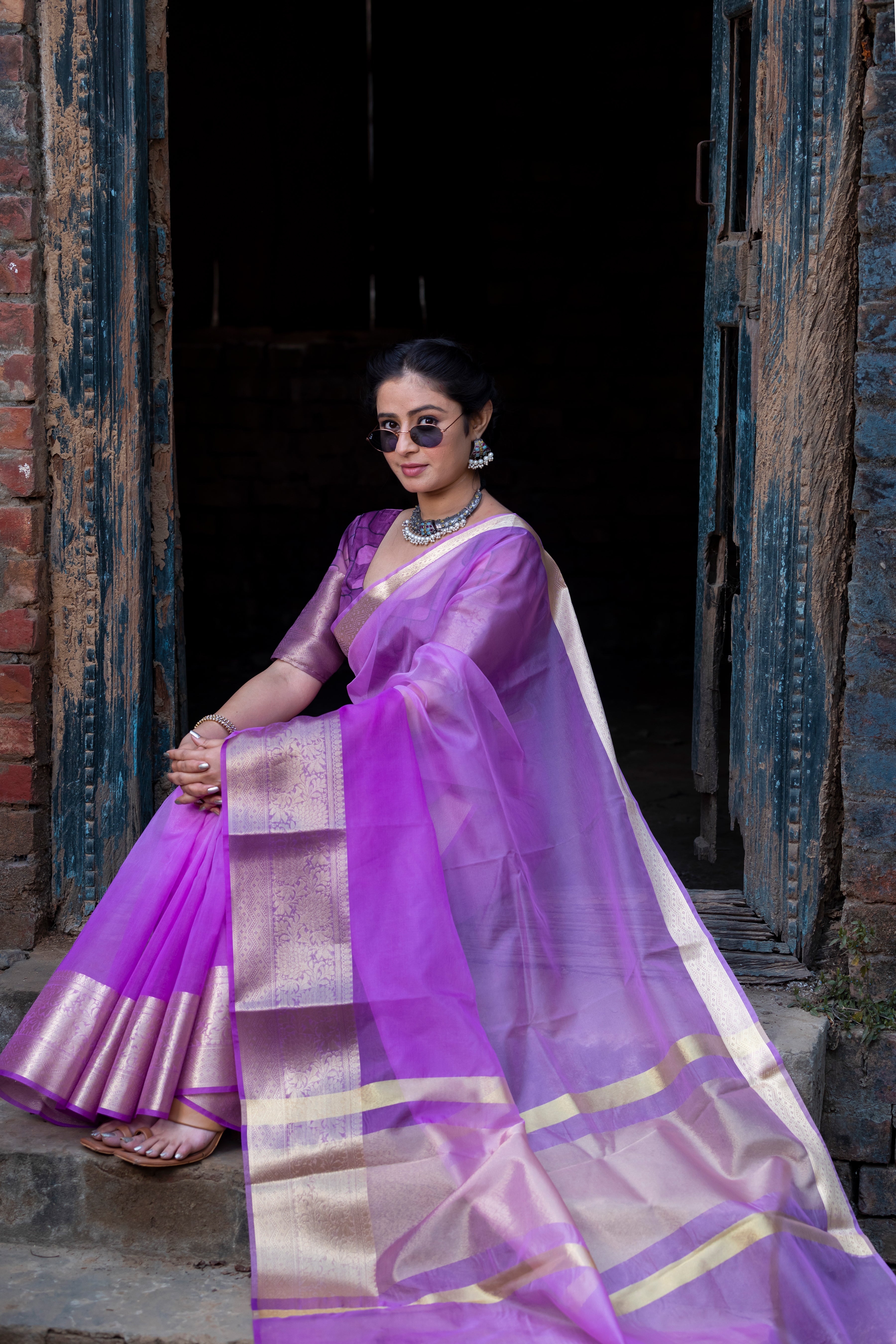 Lavender Pale Banarasi Woven Soft Organza Skirt Border Saree