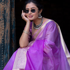 Lavender Pale Banarasi Woven Soft Organza Skirt Border Saree