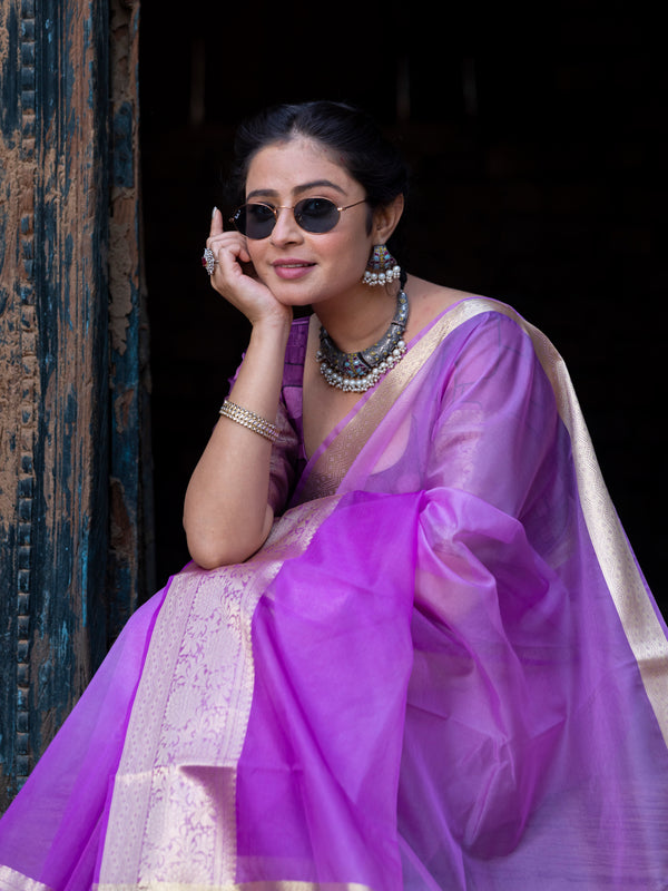 Lavender Pale Banarasi Woven Soft Organza Skirt Border Saree
