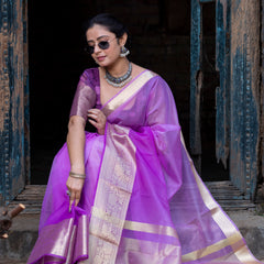 Lavender Pale Banarasi Woven Soft Organza Skirt Border Saree