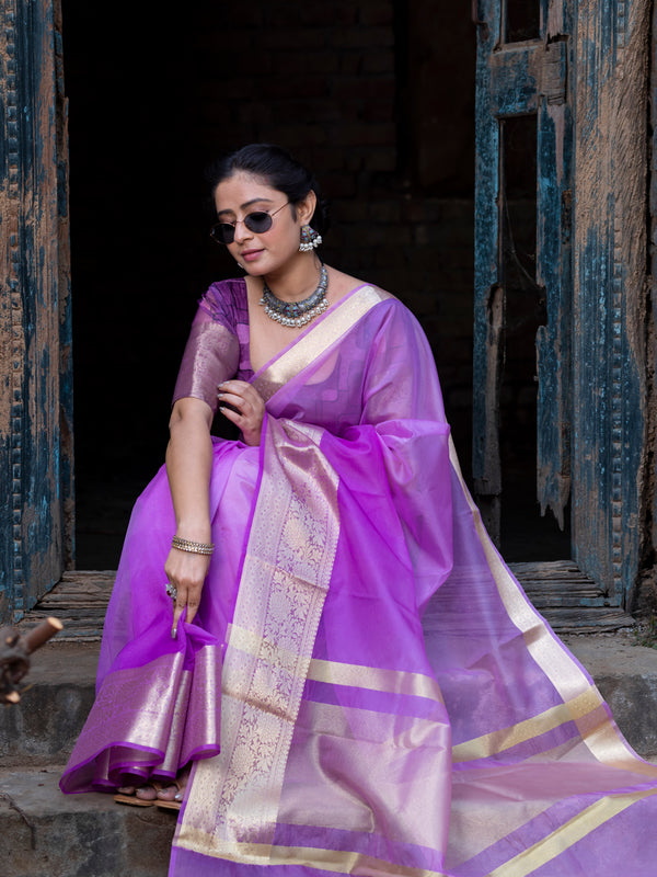 Lavender Pale Banarasi Woven Soft Organza Skirt Border Saree