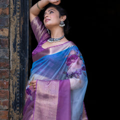 Ombre Bold Organza Silk Saree with Banarasi Zari Border | Full Body Flower