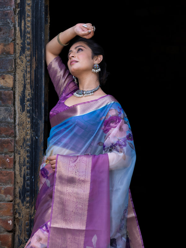 Ombre Bold Organza Silk Saree with Banarasi Zari Border | Full Body Flower