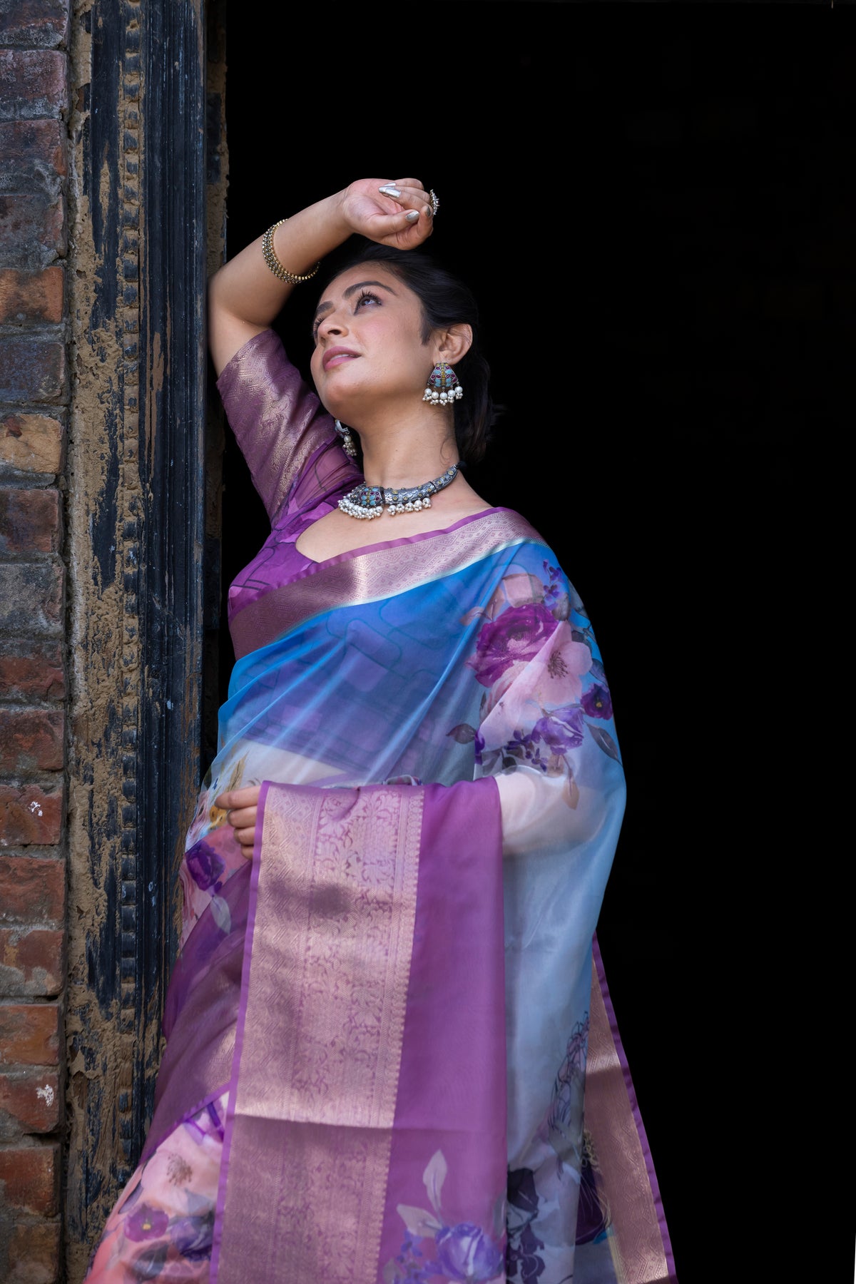 Ombre Bold Organza Silk Saree with Banarasi Zari Border | Full Body Flower