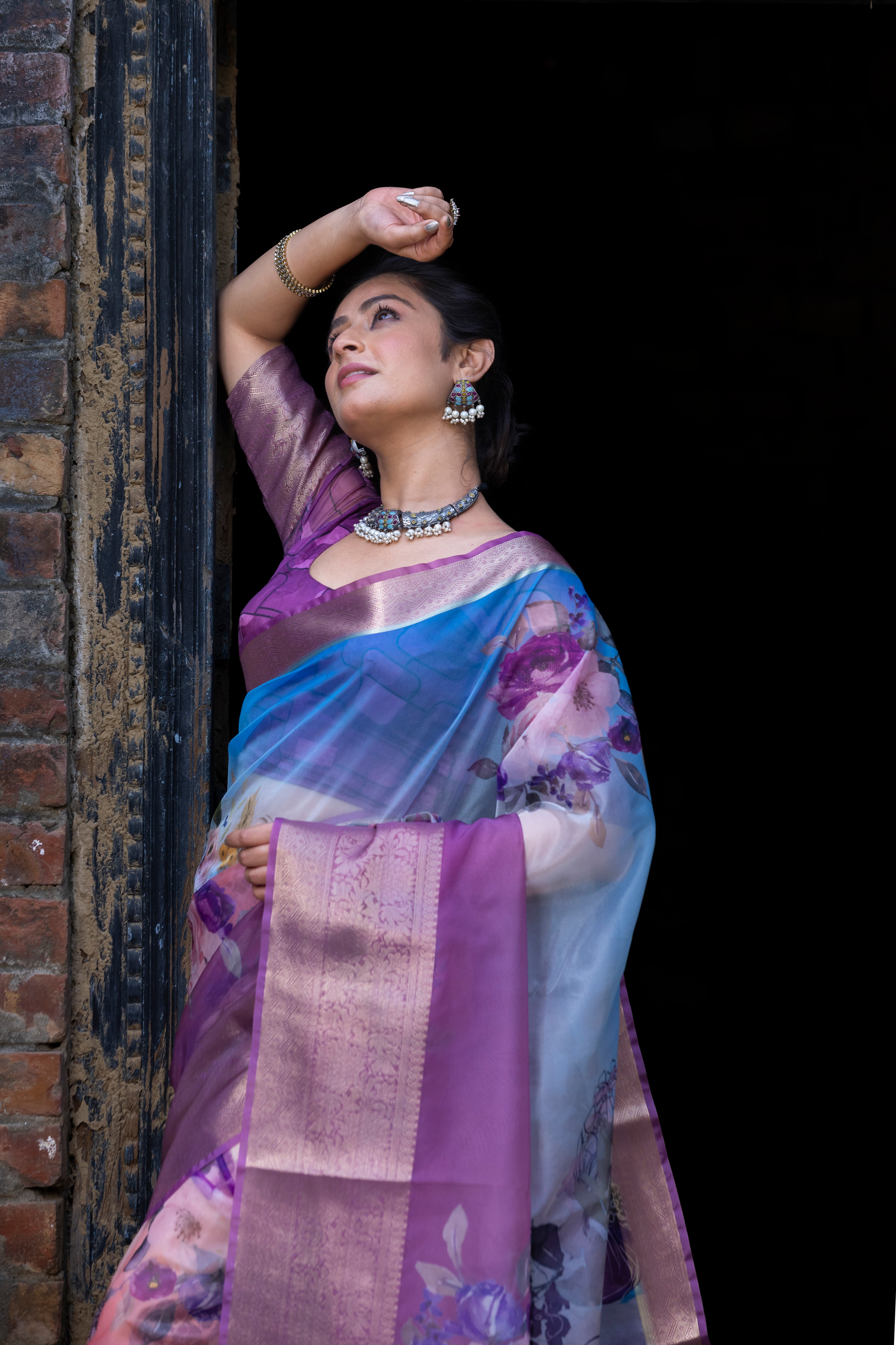 Ombre Bold Organza Silk Saree with Banarasi Zari Border | Full Body Flower