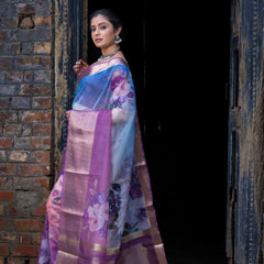 Ombre Bold Organza Silk Saree with Banarasi Zari Border | Full Body Flower