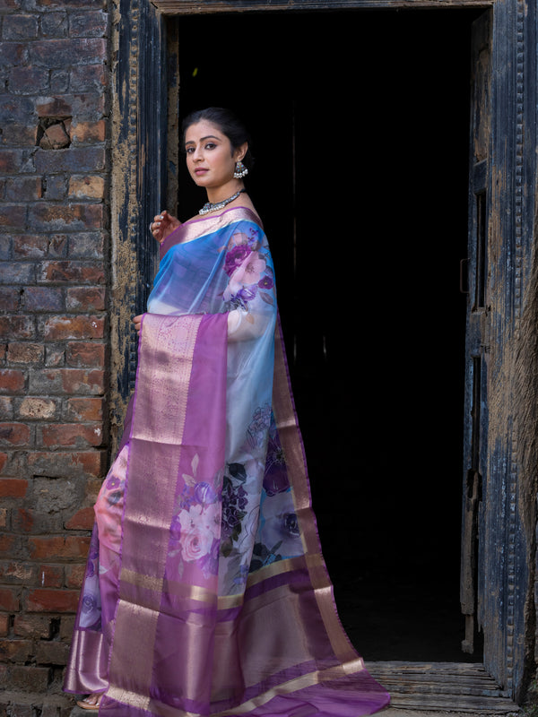Ombre Bold Organza Silk Saree with Banarasi Zari Border | Full Body Flower