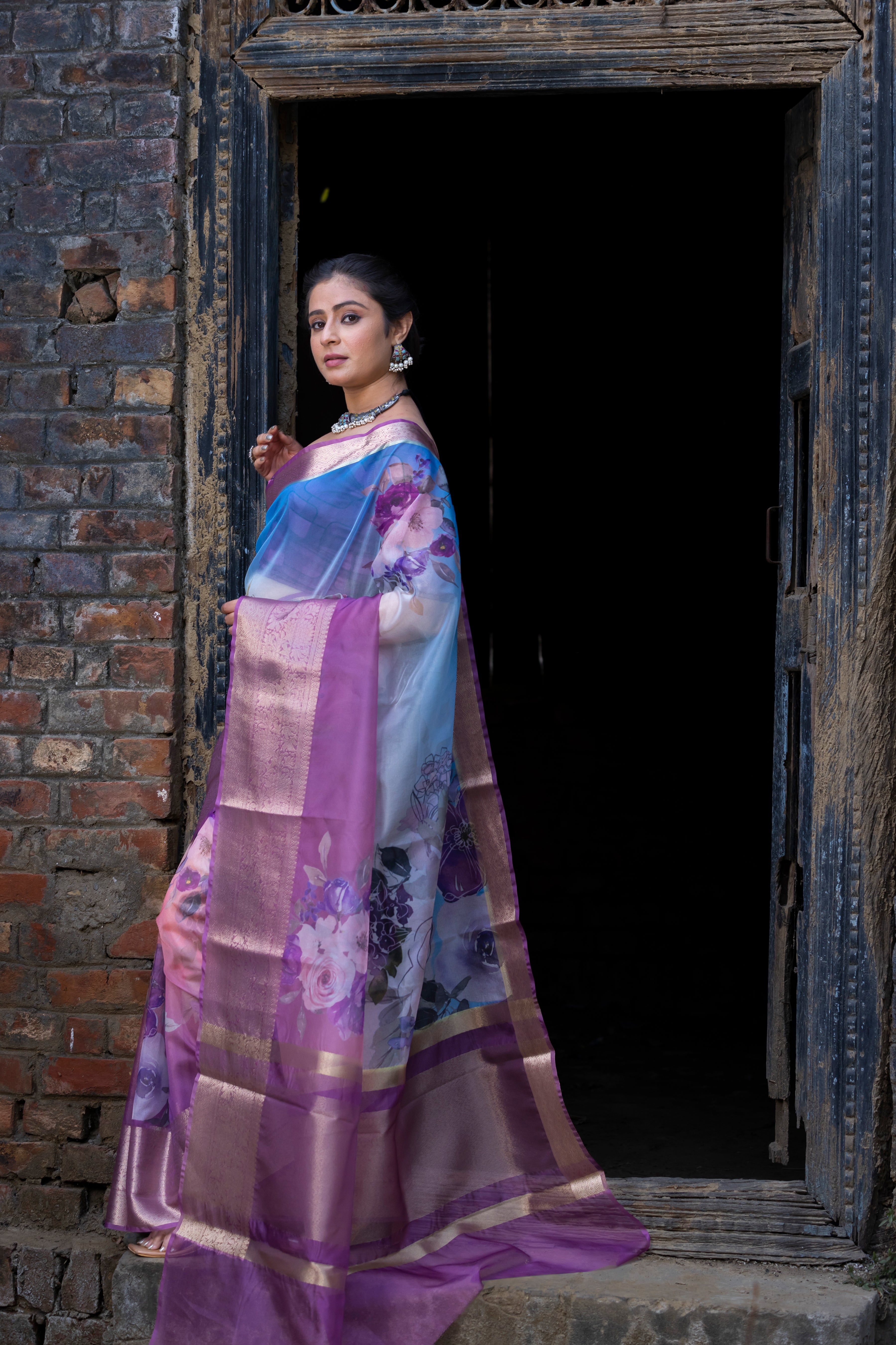 Ombre Bold Organza Silk Saree with Banarasi Zari Border | Full Body Flower