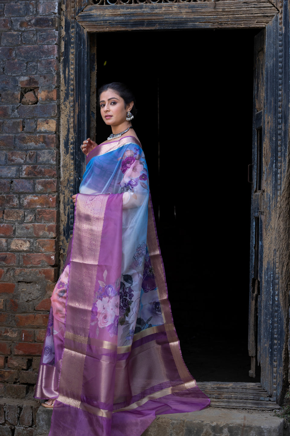 Ombre Bold Organza Silk Saree with Banarasi Zari Border | Full Body Flower