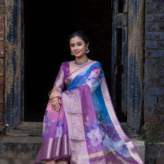 Ombre Bold Organza Silk Saree with Banarasi Zari Border | Full Body Flower