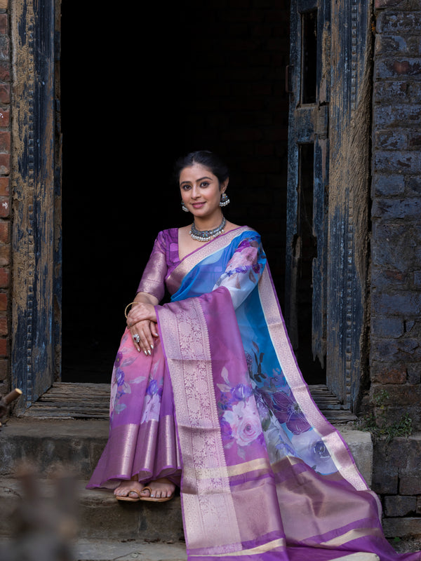 Ombre Bold Organza Silk Saree with Banarasi Zari Border | Full Body Flower