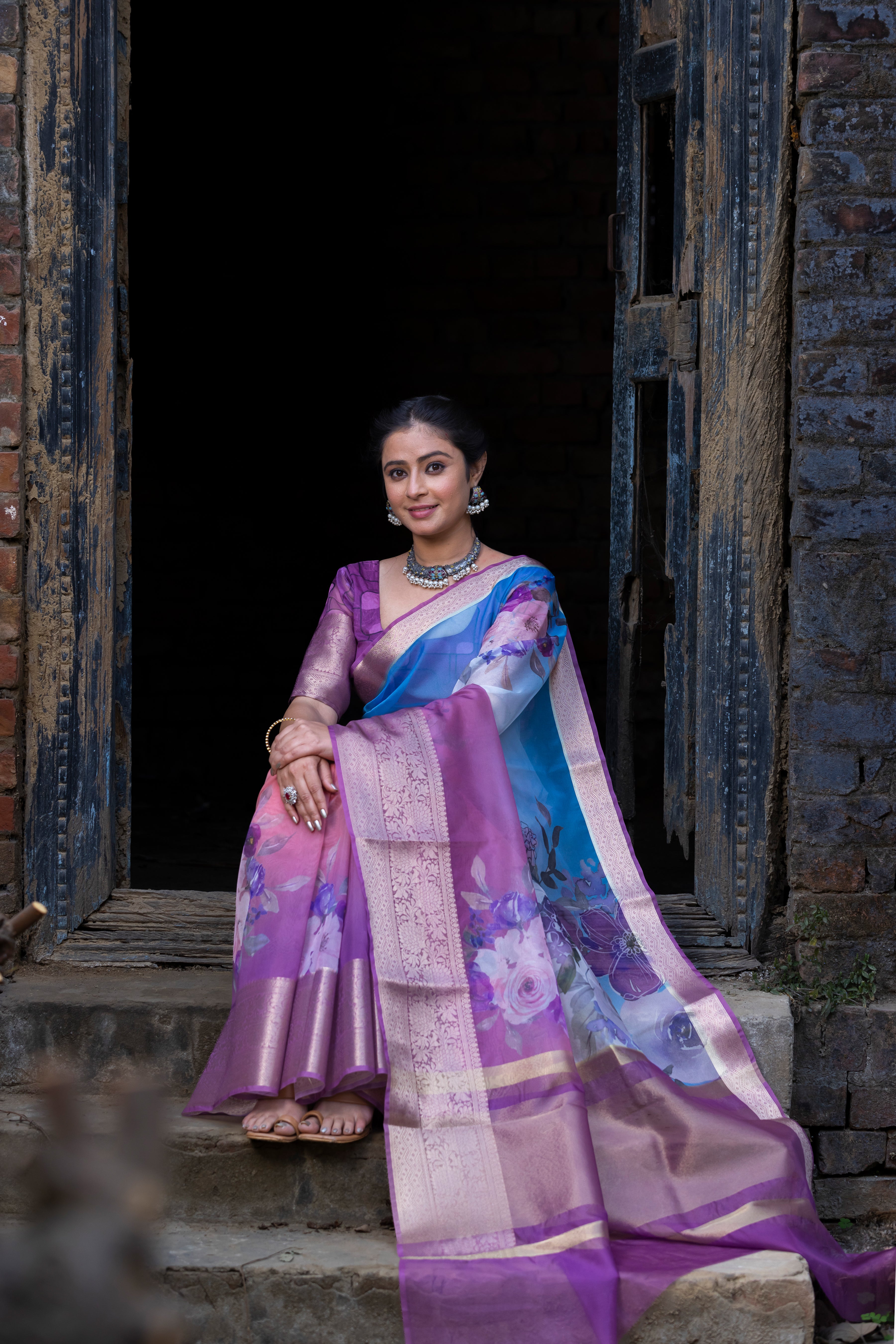 Ombre Bold Organza Silk Saree with Banarasi Zari Border | Full Body Flower