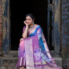 Ombre Bold Organza Silk Saree with Banarasi Zari Border | Full Body Flower