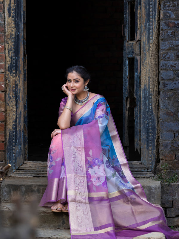 Ombre Bold Organza Silk Saree with Banarasi Zari Border | Full Body Flower
