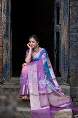 Ombre Bold Organza Silk Saree with Banarasi Zari Border | Full Body Flower