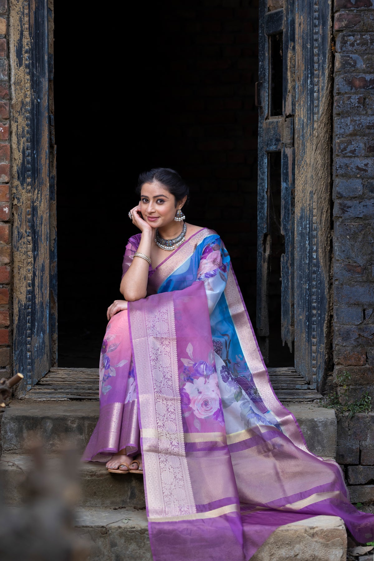 Ombre Bold Organza Silk Saree with Banarasi Zari Border | Full Body Flower