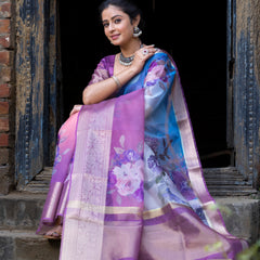 Ombre Bold Organza Silk Saree with Banarasi Zari Border | Full Body Flower