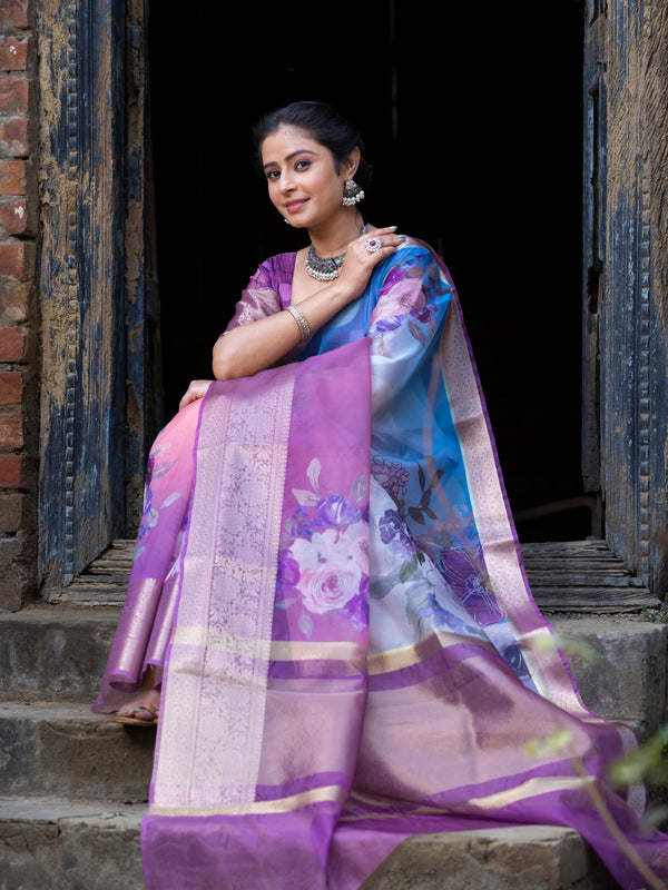 Ombre Bold Organza Silk Saree with Banarasi Zari Border | Full Body Flower