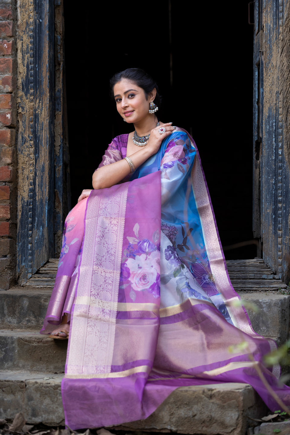 Ombre Bold Organza Silk Saree with Banarasi Zari Border | Full Body Flower