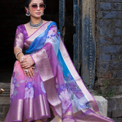 Ombre Bold Organza Silk Saree with Banarasi Zari Border | Full Body Flower