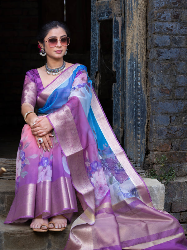 Ombre Bold Organza Silk Saree with Banarasi Zari Border | Full Body Flower