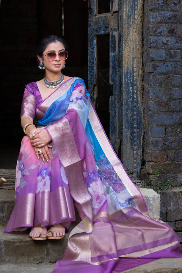 Ombre Bold Organza Silk Saree with Banarasi Zari Border | Full Body Flower