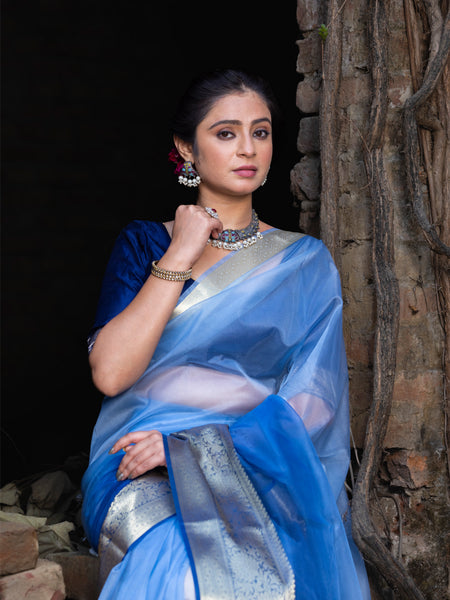 Subtle Blue Banarasi Woven Soft Organza Skirt Border Saree