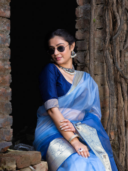 Subtle Blue Banarasi Woven Soft Organza Skirt Border Saree