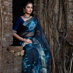 Ombre Black Organza Silk Saree with Banarasi Zari Border | Full Body Flower