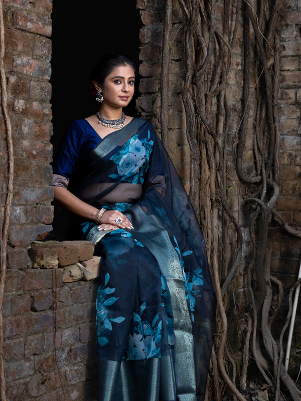 Ombre Black Organza Silk Saree with Banarasi Zari Border | Full Body Flower