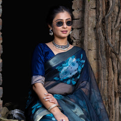 Ombre Black Organza Silk Saree with Banarasi Zari Border | Full Body Flower