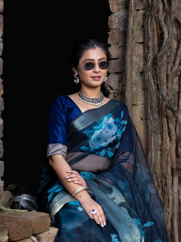 Ombre Black Organza Silk Saree with Banarasi Zari Border | Full Body Flower