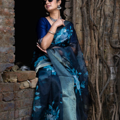 Ombre Black Organza Silk Saree with Banarasi Zari Border | Full Body Flower