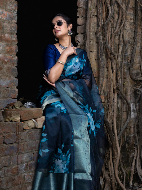 Ombre Black Organza Silk Saree with Banarasi Zari Border | Full Body Flower