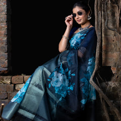 Ombre Black Organza Silk Saree with Banarasi Zari Border | Full Body Flower