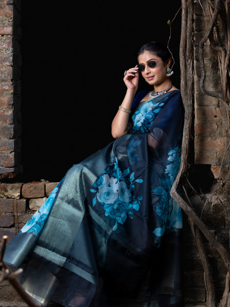 Ombre Black Organza Silk Saree with Banarasi Zari Border | Full Body Flower