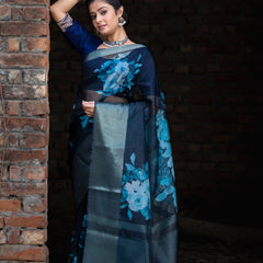 Ombre Black Organza Silk Saree with Banarasi Zari Border | Full Body Flower