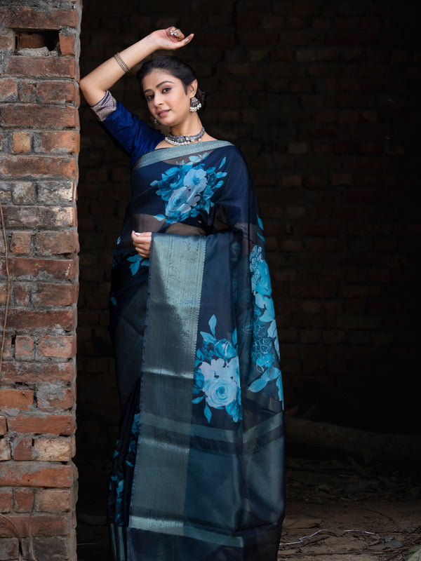Ombre Black Organza Silk Saree with Banarasi Zari Border | Full Body Flower