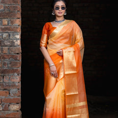 Gentle Orange Yellow Banarasi Woven Soft Organza Skirt Border Saree