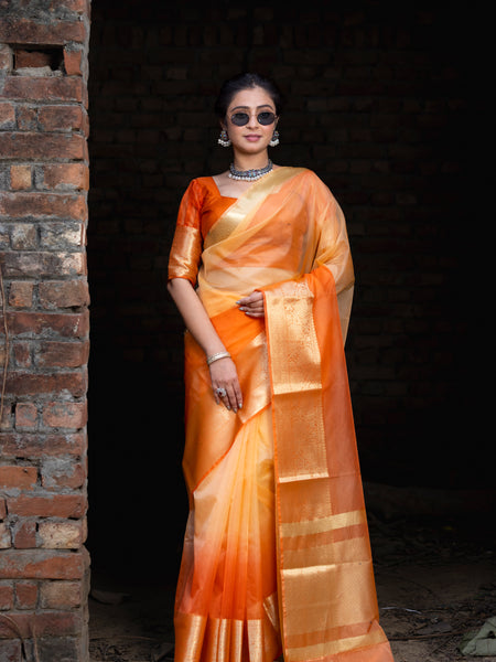 Gentle Orange Yellow Banarasi Woven Soft Organza Skirt Border Saree