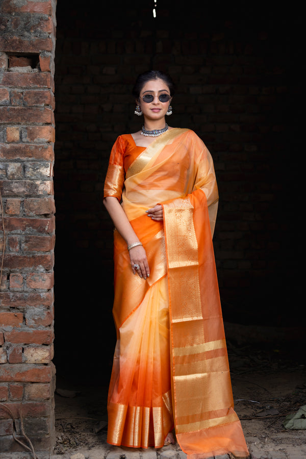 Gentle Orange Yellow Banarasi Woven Soft Organza Skirt Border Saree