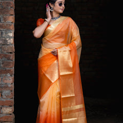 Gentle Orange Yellow Banarasi Woven Soft Organza Skirt Border Saree