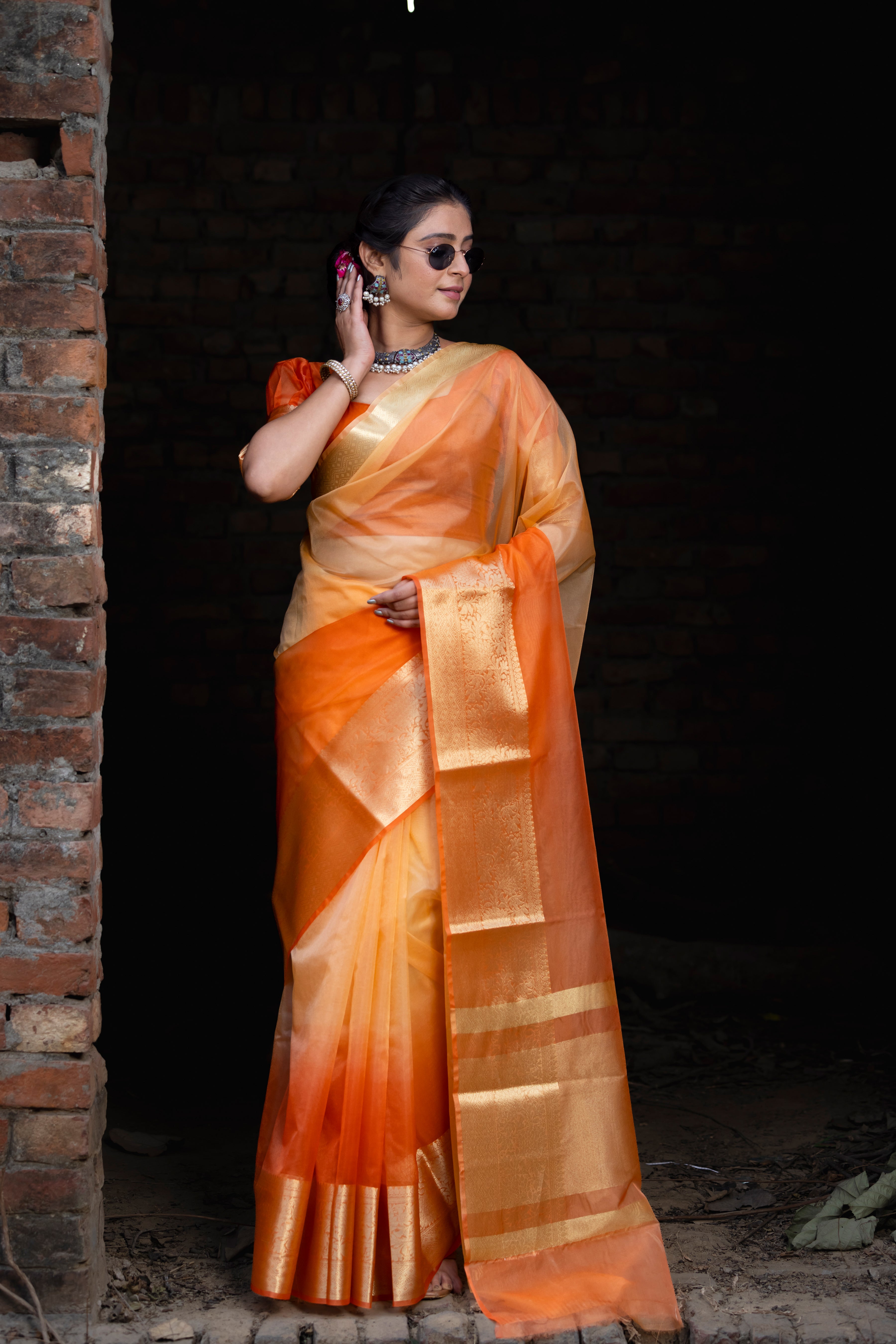 Gentle Orange Yellow Banarasi Woven Soft Organza Skirt Border Saree