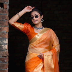 Gentle Orange Yellow Banarasi Woven Soft Organza Skirt Border Saree
