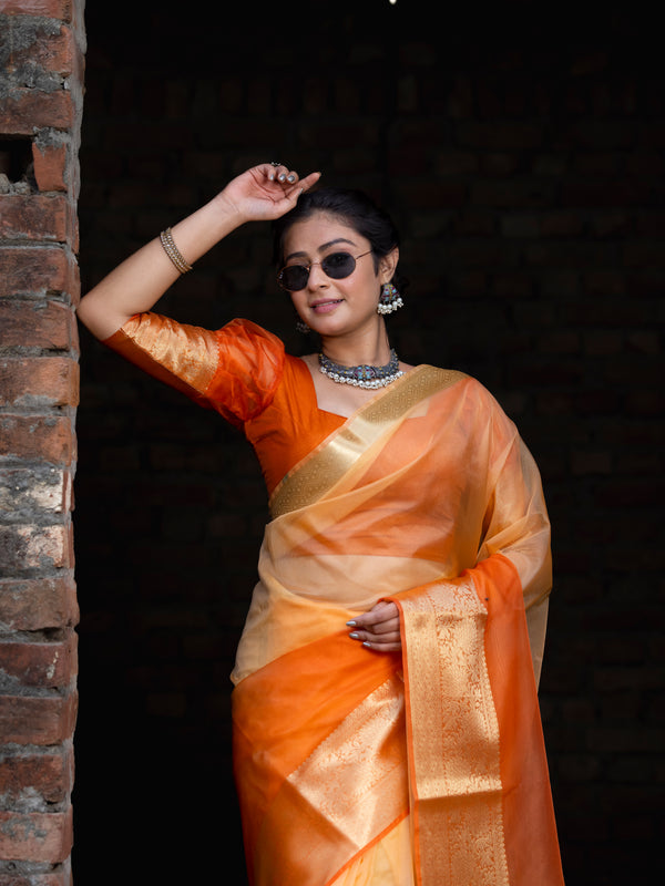 Gentle Orange Yellow Banarasi Woven Soft Organza Skirt Border Saree