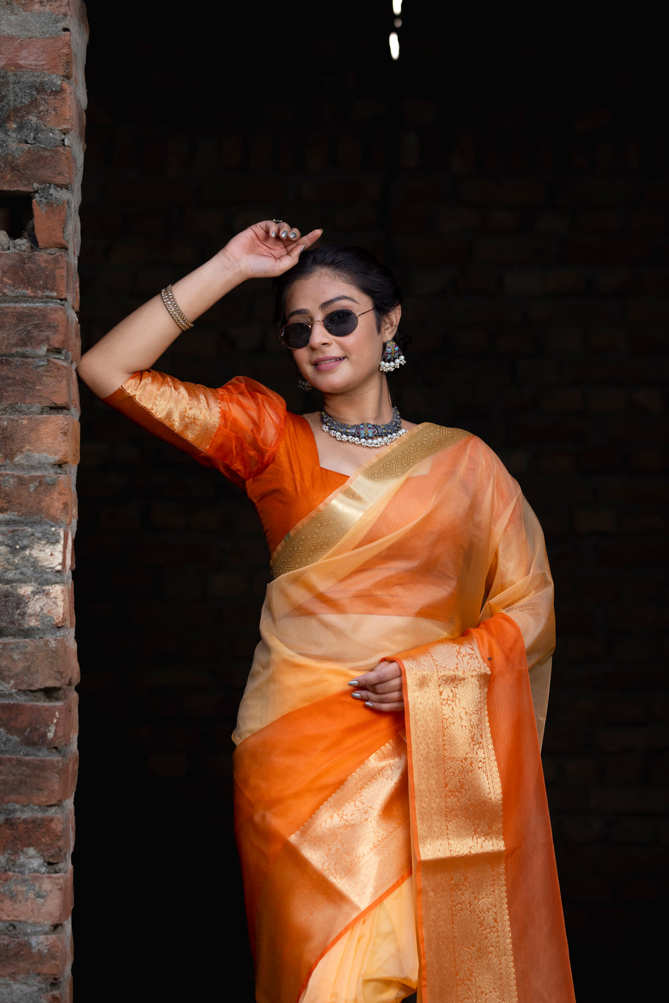 Gentle Orange Yellow Banarasi Woven Soft Organza Skirt Border Saree